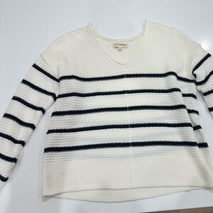 Lucky Brand White and Black Striped V-Neck Sweater
